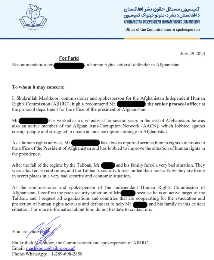 Afghan human rights letter